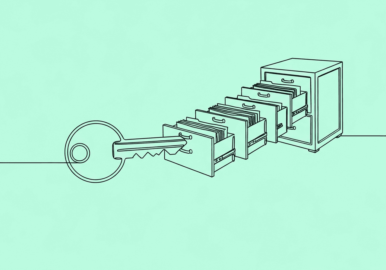Essential Guide to CPT 97155 Unbundled Authorization Minimal line art shows a key unlocking a detailed filing cabinet with drawers opening in sequence, symbolizing the CPT 97155 unbundled authorization process and the layered approach to new BCBA documentation standards.