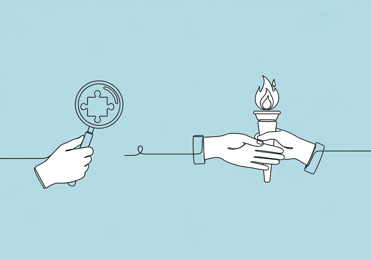 CPT 97155 vs 97156: Documentation Guide for BCBAs Minimalist line art on pastel blue shows a hand holding a magnifying glass over a puzzle piece, flowing into an open hand passing a torch—visually representing the careful documentation differences and compliance focus of CPT 97155 vs 97156 documentation for BCBAs.