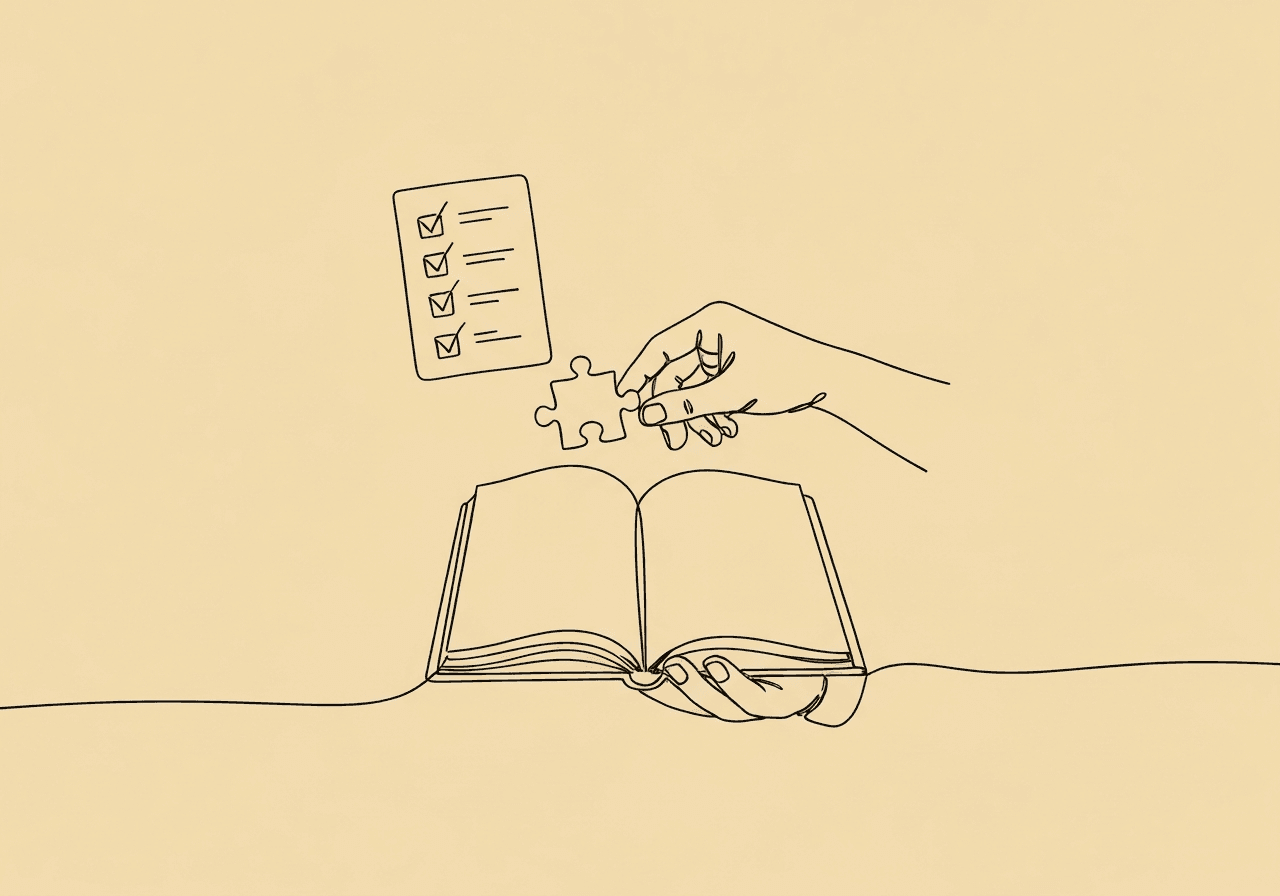 CPT 97156 Caregiver Documentation Guide for BCBAs Minimalist line art of hands documenting caregiver fidelity for CPT 97156 Caregiver Documentation, showing a puzzle piece placed on an open notebook to symbolize data-driven ABA training records.