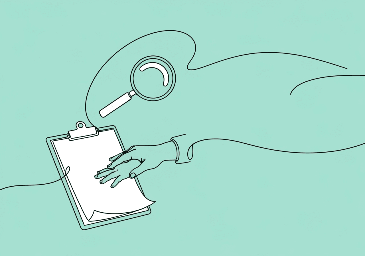 Caregiver Training Fidelity Checklist for CPT 97156 Minimalist line art illustration for caregiver training fidelity checklist shows a caregiver guiding a child’s hand on a checklist, with a magnifying glass symbolizing careful monitoring and documentation—representing the fidelity and compliance themes essential for BCBAs.