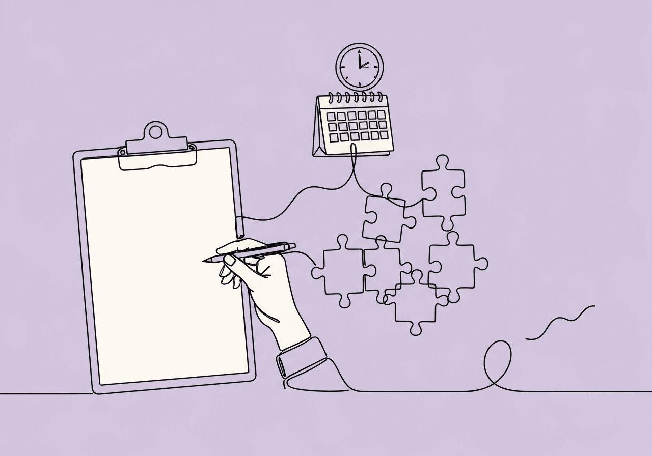 CPT 97157 Documentation Updates 2025: BCBA Guide A minimalist line art illustration on a pastel lavender background depicts a clipboard, guiding hand, puzzle pieces, and a calendar clock to symbolize CPT 97157 documentation updates and the essential supervision process.