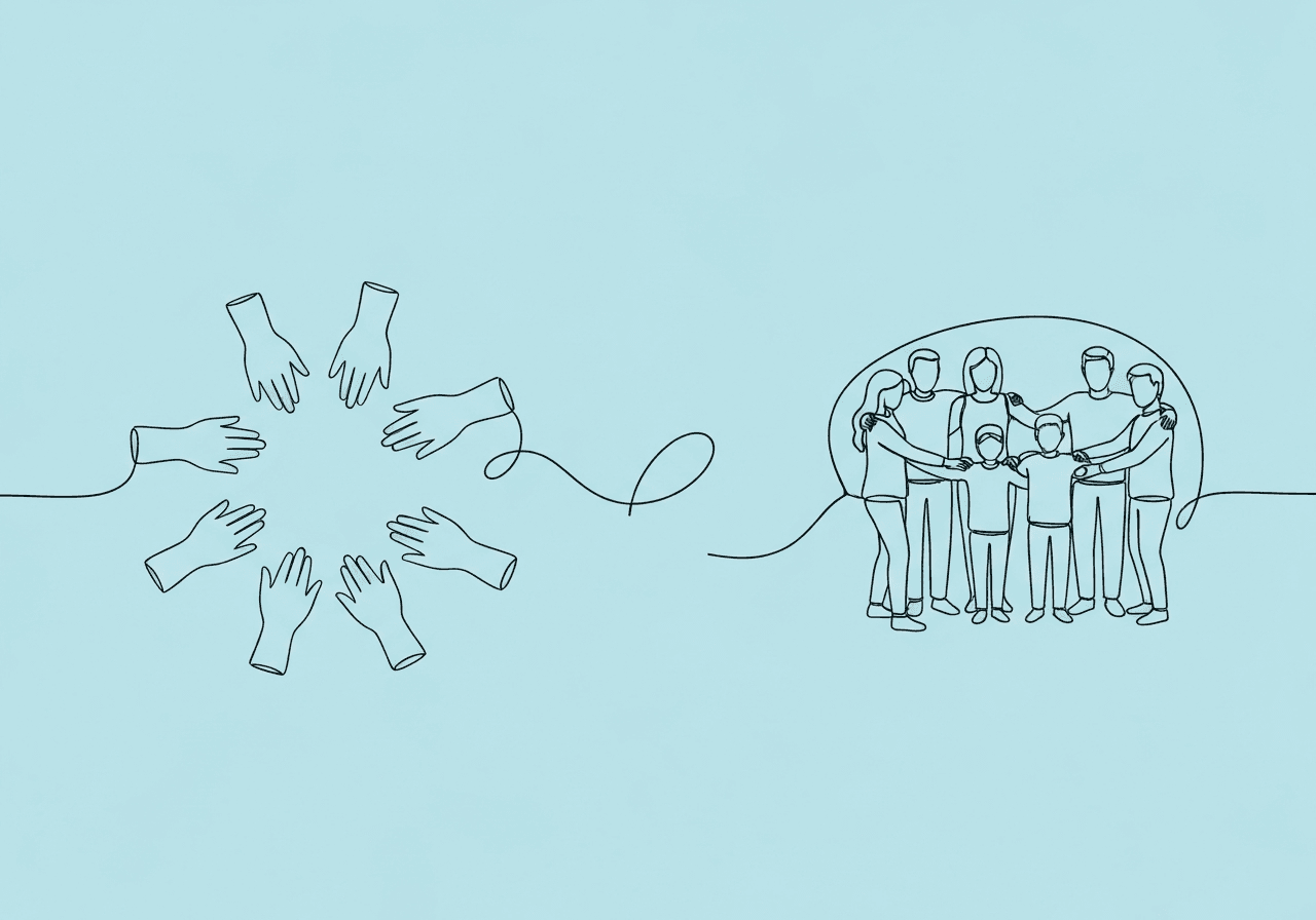 CPT 97157 vs 97158: Documentation Guide for BCBAs Minimalist line art comparing CPT 97157 vs 97158: a group of caregivers working together, contrasted with a group including a patient, highlighting the difference between caregiver training and client-focused ABA group treatment.