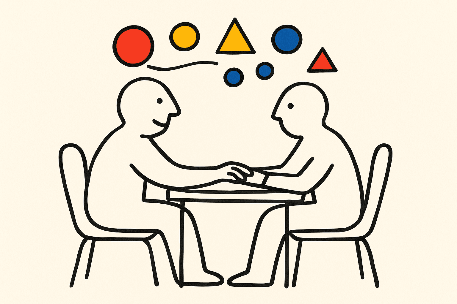 CPT Code 97153: Complete Guide for RBTs Minimalistic illustration showing two abstract human figures at a table, surrounded by colorful shapes representing documentation and session activities, in Alexander Calder's playful line-drawing style.
