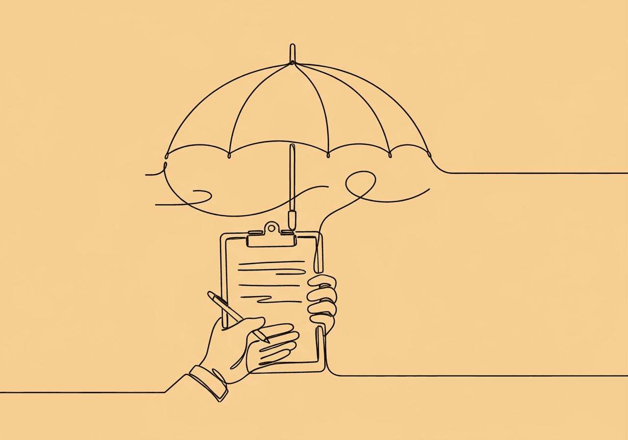 Crisis BIP Revision Documentation: BACB Ethical Guide Minimalist line art showing a supportive hand holding a clipboard under an umbrella, visualizing the process and protection involved in Crisis BIP revision documentation for BCBA professionals.