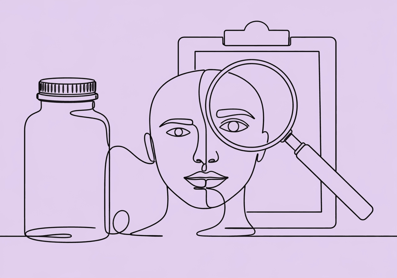 Documenting Medication Side Effects in ABA: Essential Guide Minimalist line art of a medicine bottle flowing into a magnifying glass examining a face, symbolizing the process of documenting medication side effects in ABA practice. Illustration emphasizes observation, analysis, and clinical care.