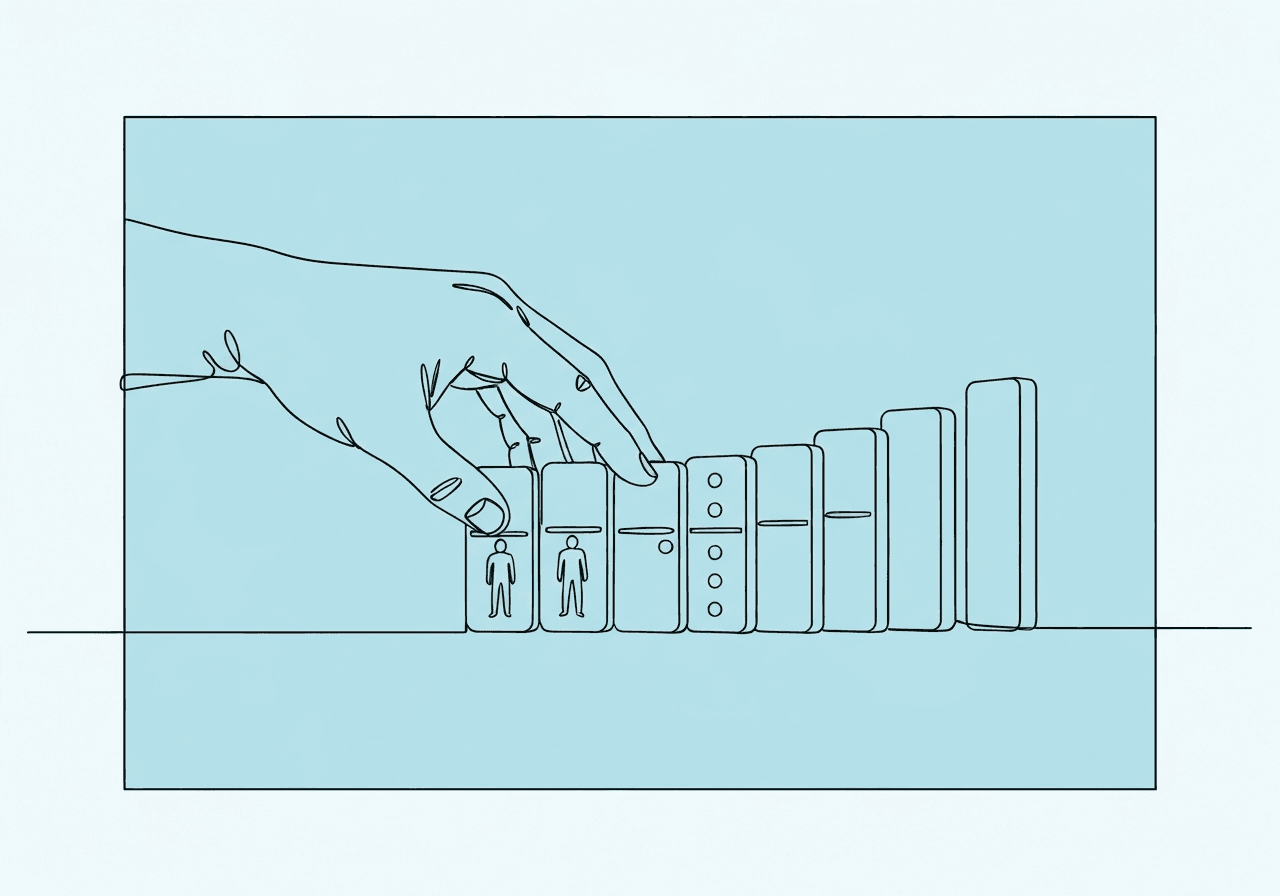 Documenting RBT Behavioral Skills Training Minimalist line art illustration for RBT Behavioral Skills Training showing a hand initiating a sequence of four evolving dominoes, symbolizing the BST steps of instruction, modeling, rehearsal, and feedback in clear, concrete form.