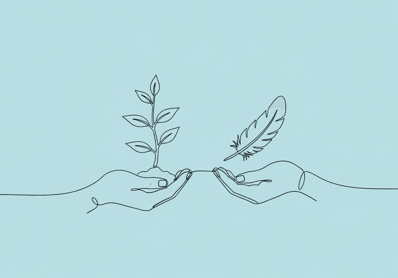 Documenting Skill vs Behavior Data: ABA Guide for Beginners Line art illustration on a pastel blue background showing two hands: one holding a sprouting plant, the other catching a feather, symbolizing documenting skill vs behavior data in ABA therapy.