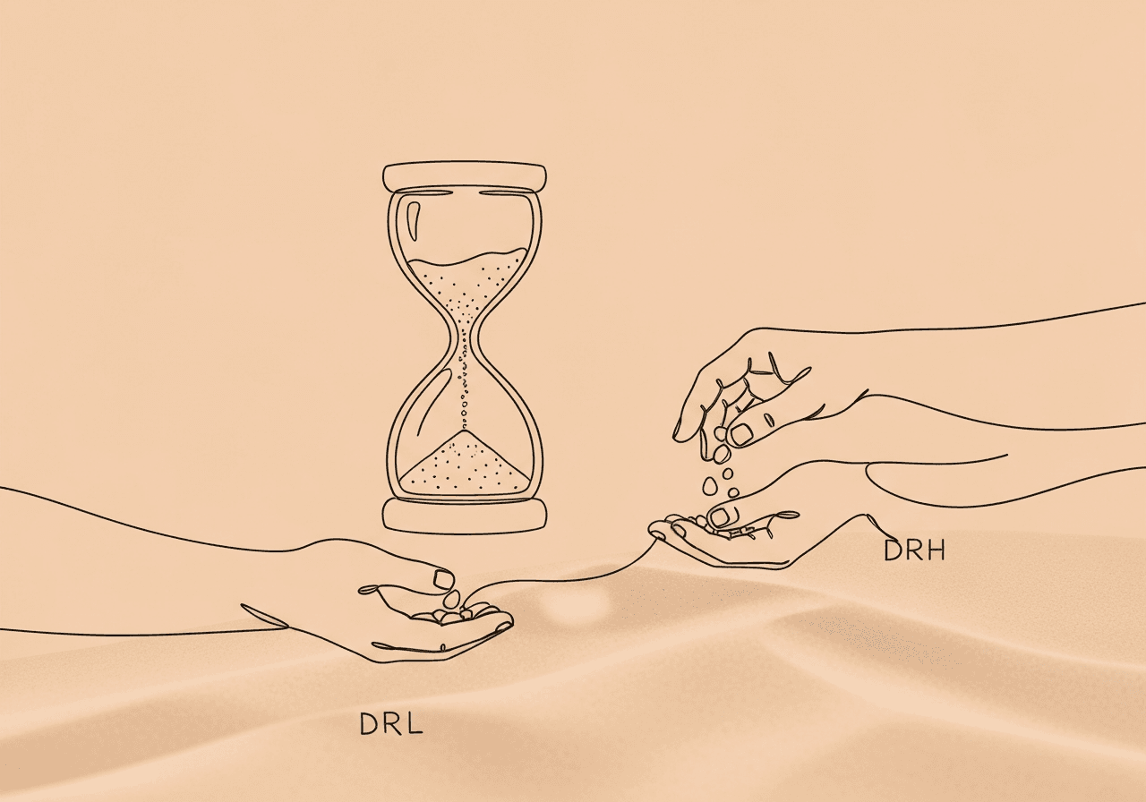 DRH DRL Documentation Guide for BCBAs Minimalist line art illustration for DRH DRL documentation: an hourglass with sand forming two hands below, one slowly releasing, the other quickly moving pebbles—representing different reinforcement rates in behavioral monitoring.