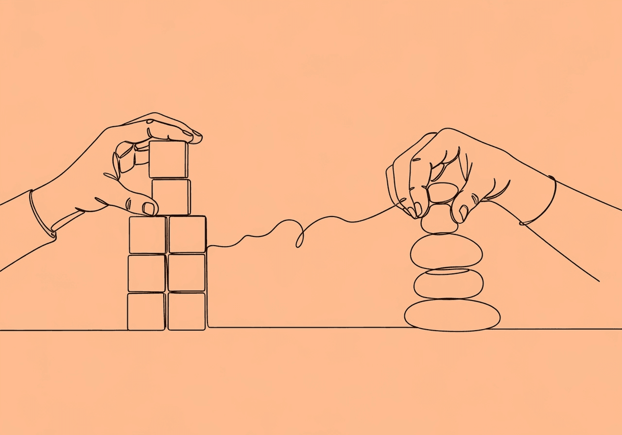 DTT vs NET Documentation: ABA Key Differences Minimalist line art of two hands demonstrating DTT vs NET documentation concepts—one stacking precise blocks for structured mastery, the other arranging loose pebbles to capture natural generalization, illustrating key documentation differences.