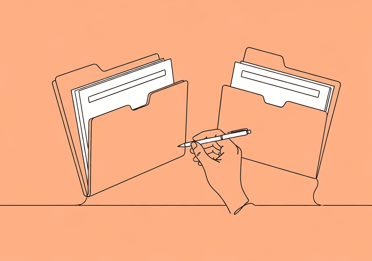Master Dual ABA Coverage Documentation as a BCBA Minimalist line art illustrating dual ABA coverage documentation with two separate folders, a hand holding a pen bridging them, conveying the process of careful coordination between school and private insurance documentation requirements.