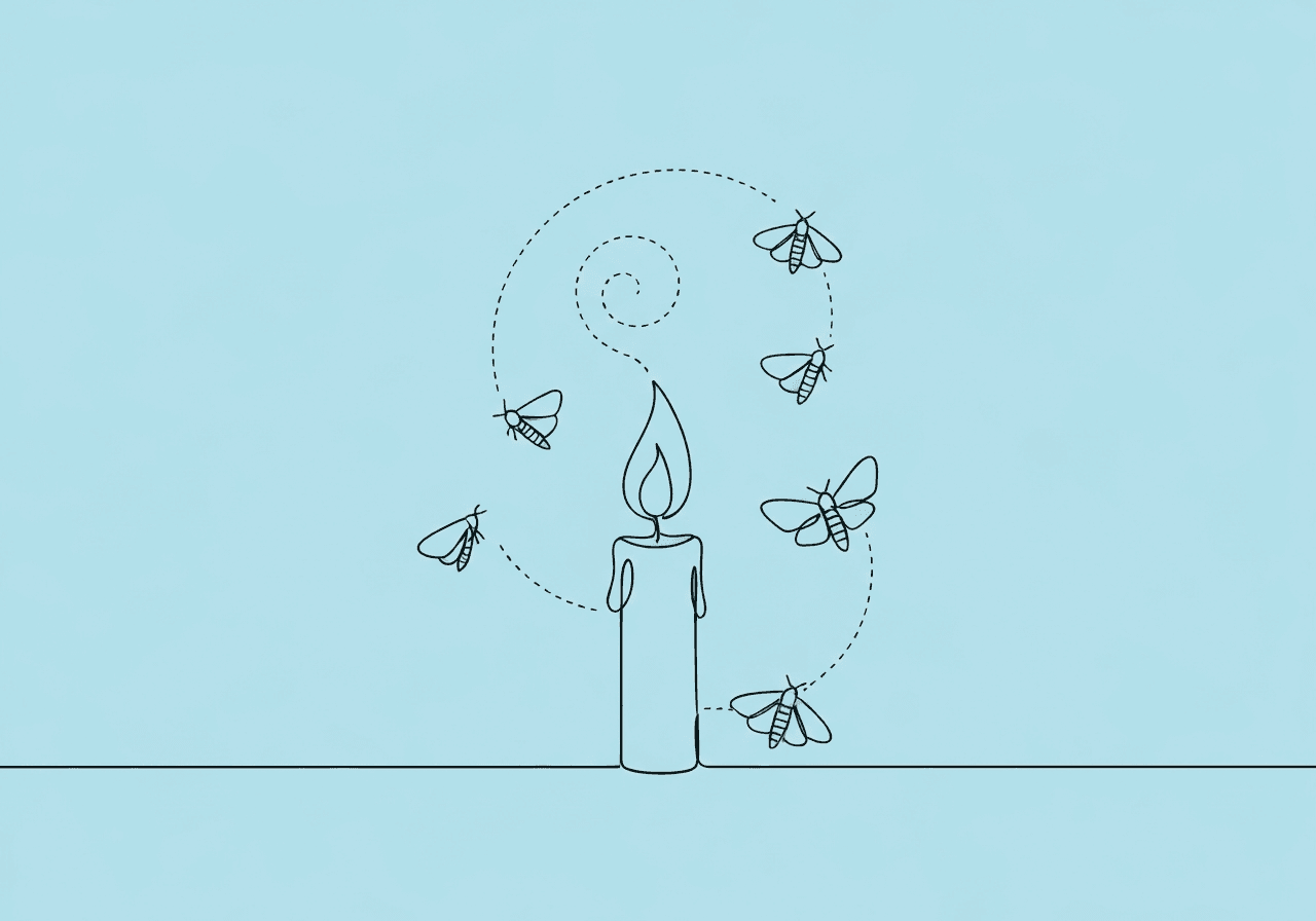 ABA Extinction Glossary for RBTs: Essential Terms Minimalist line art for 'ABA extinction glossary' blog: a single black line forms a candle with a flickering flame, surrounded by moths moving both toward and away, illustrating extinction, bursts, and recovery in ABA therapy.
