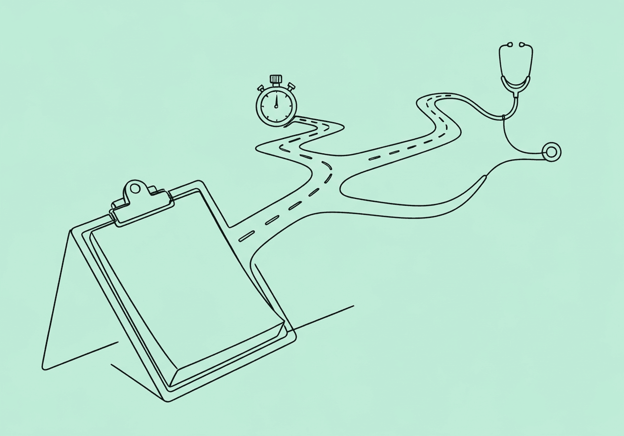 10 Essential BCBA Clinical Decision Triggers in ABA Minimalist line art illustration for BCBA clinical decision triggers: an open clipboard with diverging paths forming a stopwatch, magnifying glass, and stethoscope, representing critical triggers demanding immediate action in ABA clinical practice.