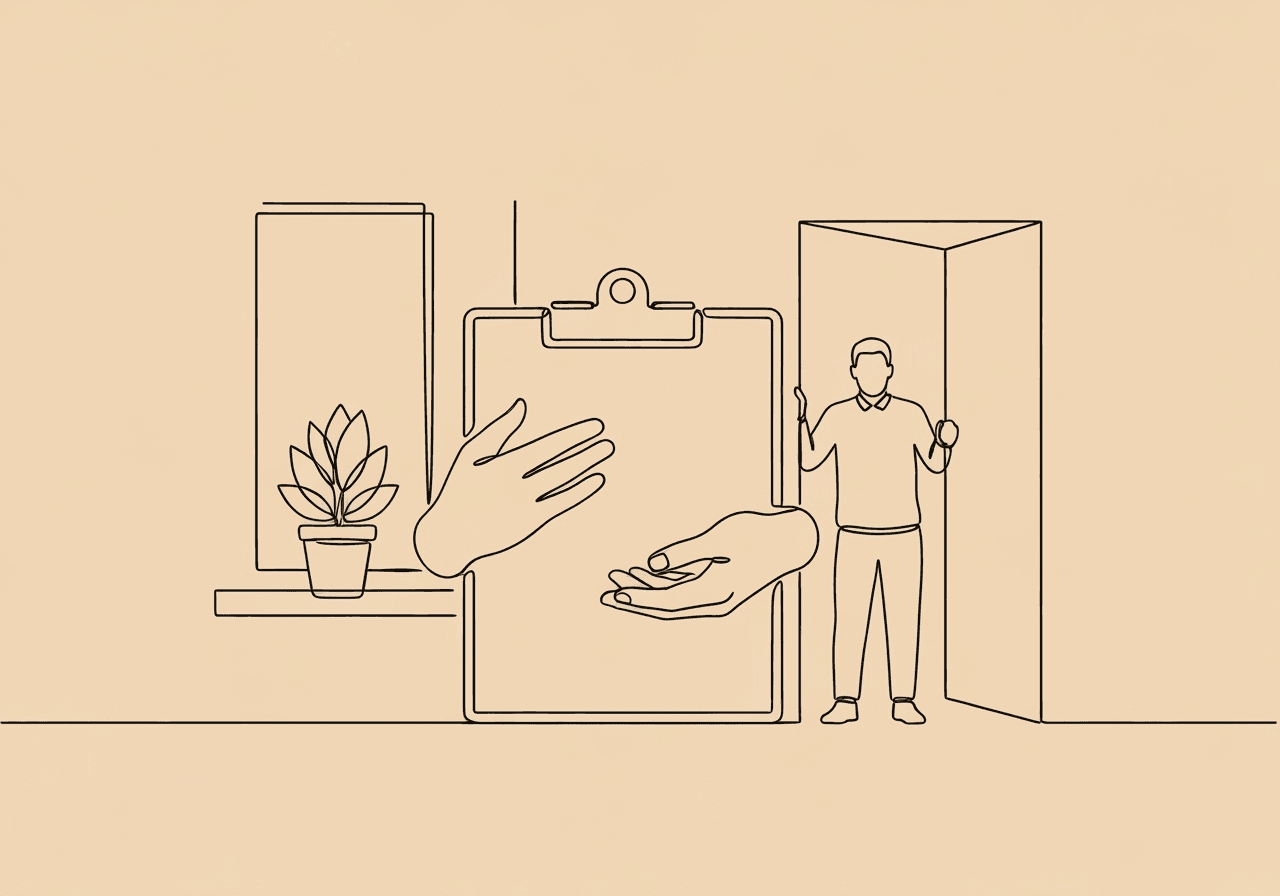 BCBA Session Variation Documentation: Ethical Guide A minimalist line art illustration for BCBA session variation documentation shows a clipboard held by hands, with shifting home elements and a figure entering to symbolize unforeseen circumstances during therapy sessions.