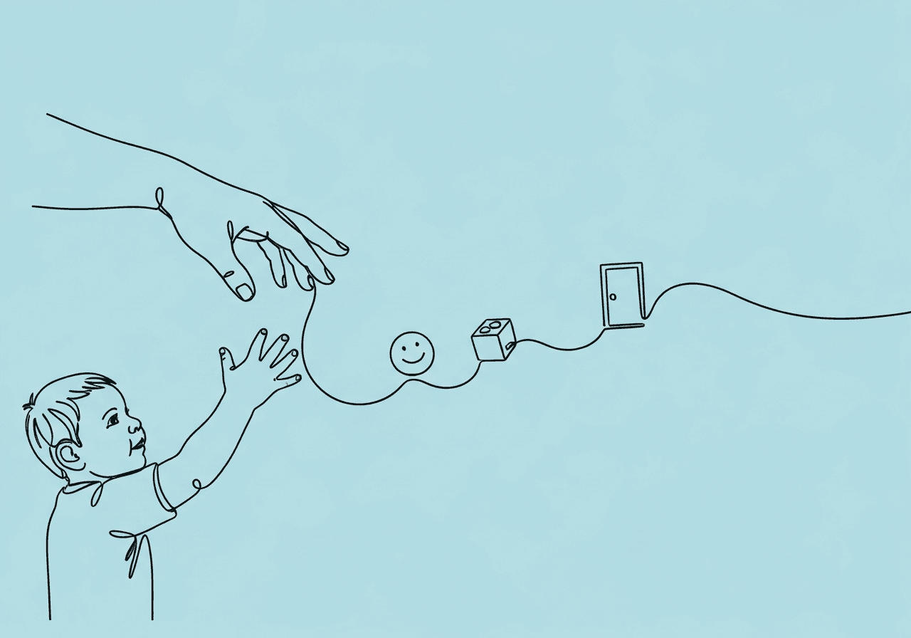 FCT at Home for Parents: Replace Challenging Behaviors Minimalist line art on pastel blue shows a parent and child’s hands connected by a single line curving through symbols like a face, toy block, and door, illustrating FCT at home for parents and the collaborative journey of learning communication.