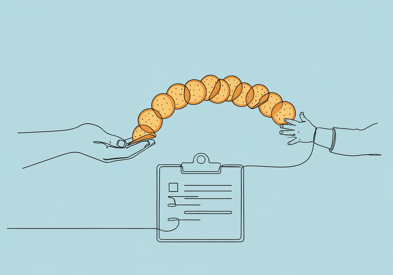 Food Chaining Documentation Guide for Parents Minimalist line art showing a parent and child connecting through a food bridge made of chips and crackers, visually representing food chaining documentation for parents and progress tracking in picky eaters.