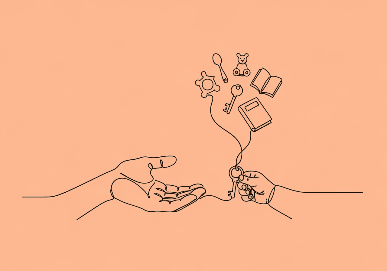 Functional Communication Training for Parents: FCT Guide Minimalist line art shows a parent's hand reaching toward a child's, symbolizing functional communication training for parents. The child holds a key, leading to a speech bubble with daily routine objects, illustrating skill-building at home.