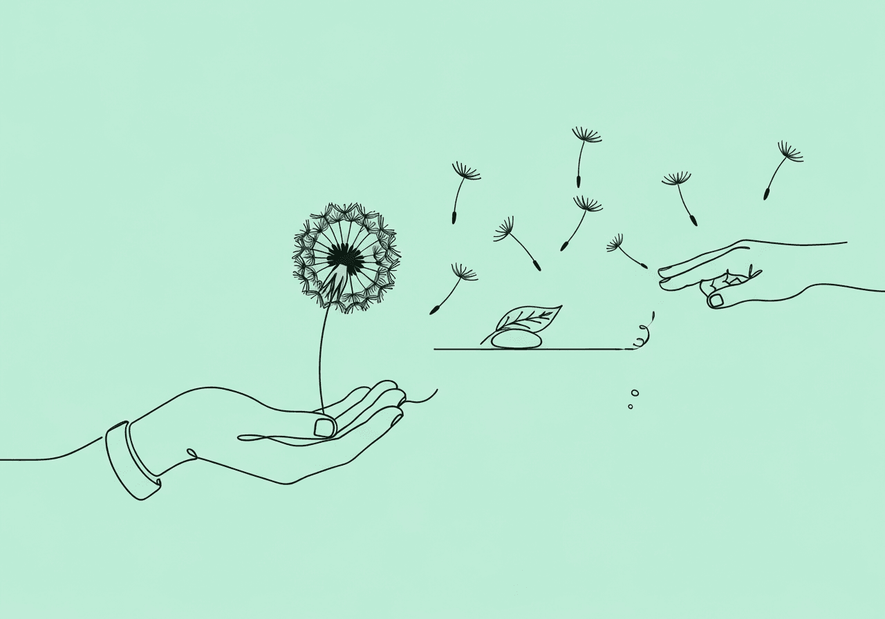 Generalization vs Maintenance Documentation: BCBA Guide Minimalist line art of a hand releasing a dandelion, with seeds landing on various surfaces to illustrate generalization vs maintenance documentation for BCBAs. This visual metaphor highlights the difference between skill spread and retention in behavior analysis.