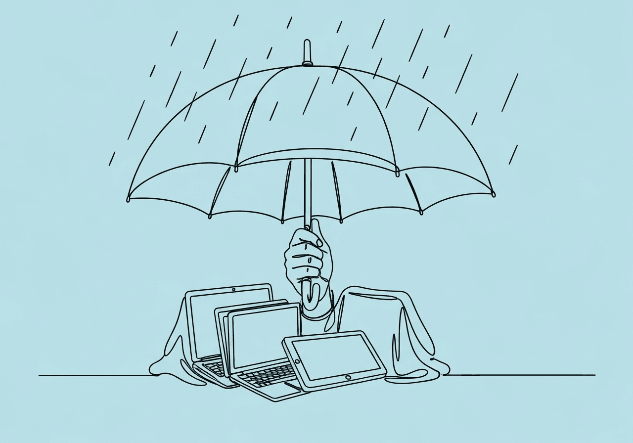 Essential HIPAA Security Risk Assessment Checklist for ABA Minimalist line art illustration for HIPAA Security Risk Assessment checklist ABA, showing a hand holding an umbrella protecting ePHI items like laptops and files, symbolizing security safeguards in ABA practices.