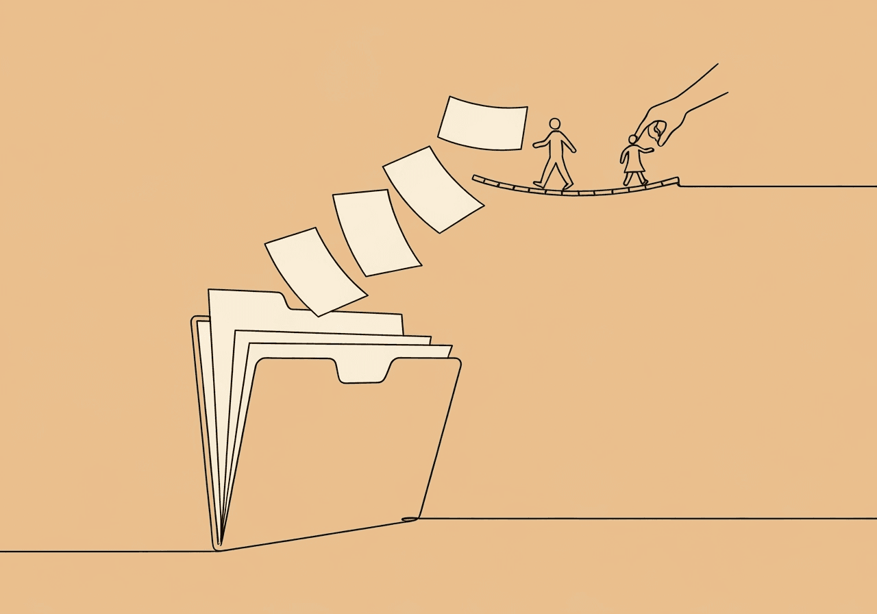 Increasing ABA Hours Documentation: BCBA Guide Minimalist line art illustration depicting increasing ABA hours documentation: an open folder with paper sheets transforming into a bridge and a helping hand guiding a figure forward, symbolizing a seamless transition in authorized ABA treatment hours.