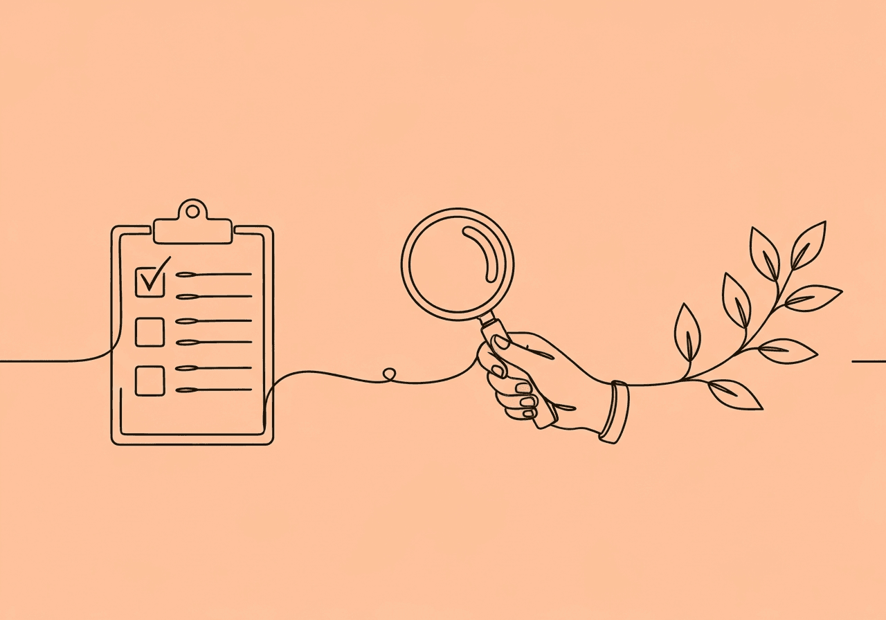 Initial vs Ongoing RBT Assessment: Key Differences for BCBAs Minimalist line art illustration for 'Initial vs Ongoing RBT Assessment': a clipboard morphs into a magnifying glass and then an unfolding branch, visually comparing initial competency and ongoing performance monitoring for RBTs in BCBA documentation.