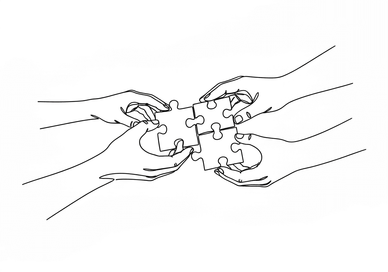 Interprofessional ABA Collaboration Terms for BCBAs Minimalist line art showing three hands collaboratively assembling interlocking puzzle pieces, visually representing interprofessional ABA collaboration terms and the importance of shared language in SLP, OT, and BCBA documentation.