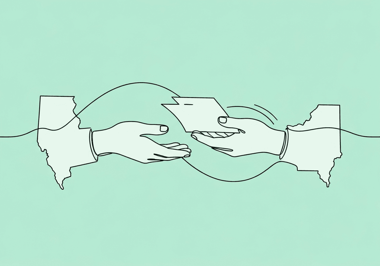 Navigating Interstate BCBA Supervision Compliance Minimalist line art of two hands exchanging paperwork between state-shaped outlines, illustrating interstate BCBA supervision documentation and compliance for remote cross-state supervision.
