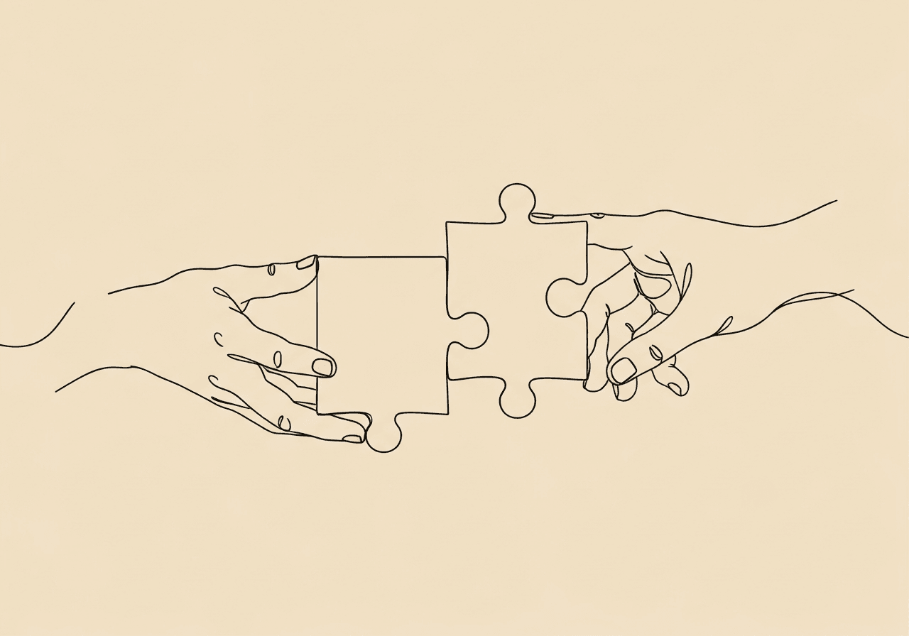IOA for RBTs: Beginner's Guide to Data Reliability Line art of two hands carefully fitting puzzle pieces together, illustrating IOA for RBTs by representing agreement, accuracy, and collaboration in behavioral data collection.