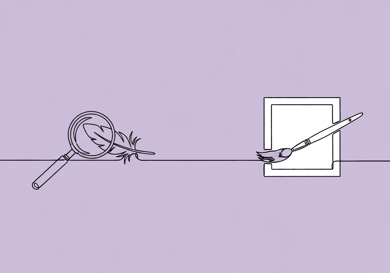 IOA vs Treatment Integrity: Documentation Guide Minimalist line art featuring a magnifying glass and feather flowing into a paintbrush, visually representing IOA vs Treatment Integrity documentation and their distinct roles in BCBA clinical practice.