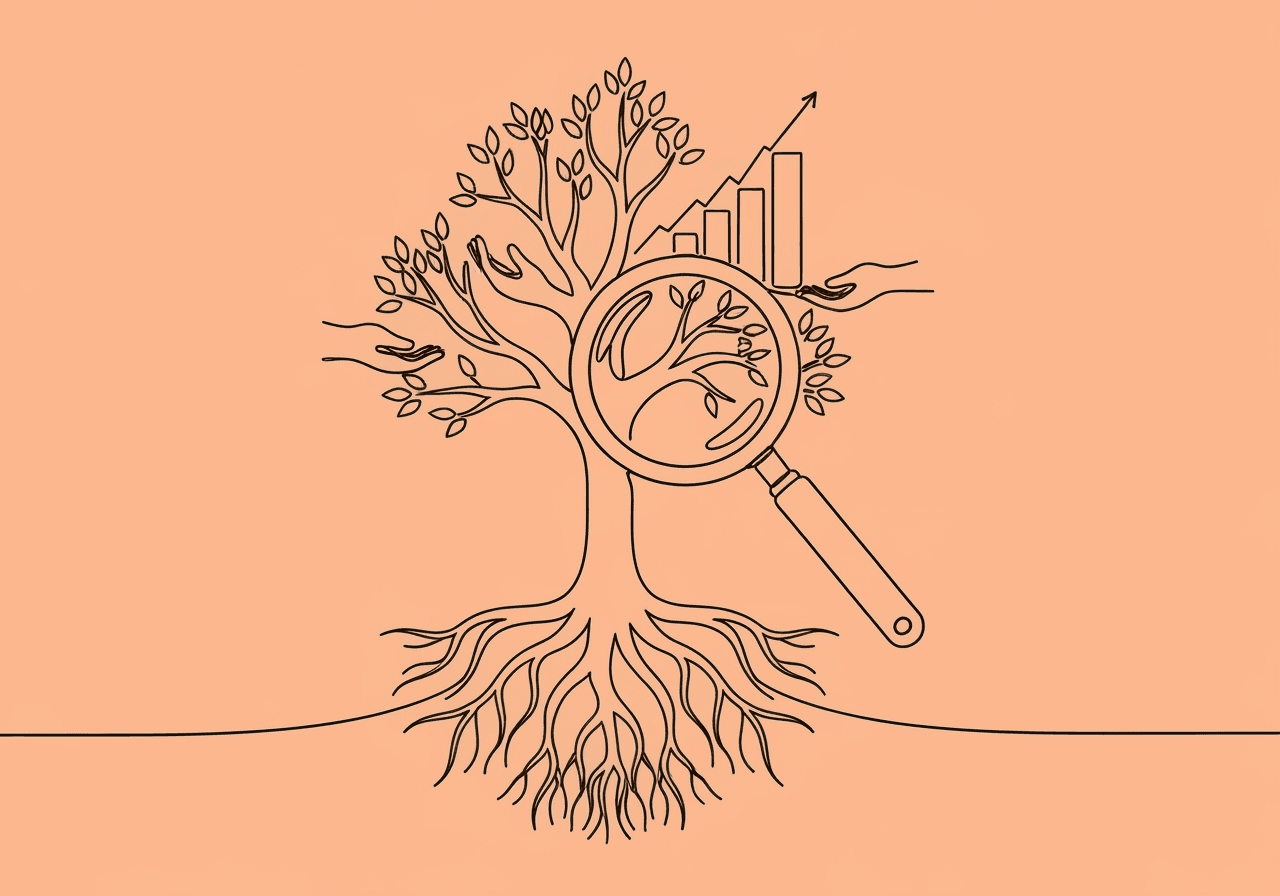 Justify ABA Hours with Concurrent Review Data Strategies Minimalist line art featuring a magnifying glass revealing a branching tree with ten roots, visually representing essential ABA concurrent review data elements supporting clinical decisions and audit-proof reporting.