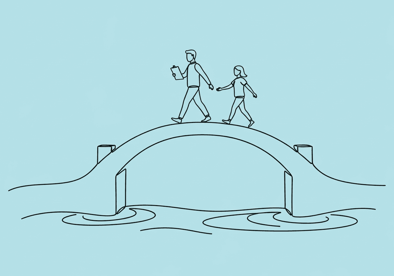 Justify 2:1 ABA Staffing Ratios: Clinical Essentials Minimalist line art illustration of two figures crossing a bridge, visually representing ABA staffing ratio justification through clear roles and collaborative support—ideal for a clinical documentation blog post.