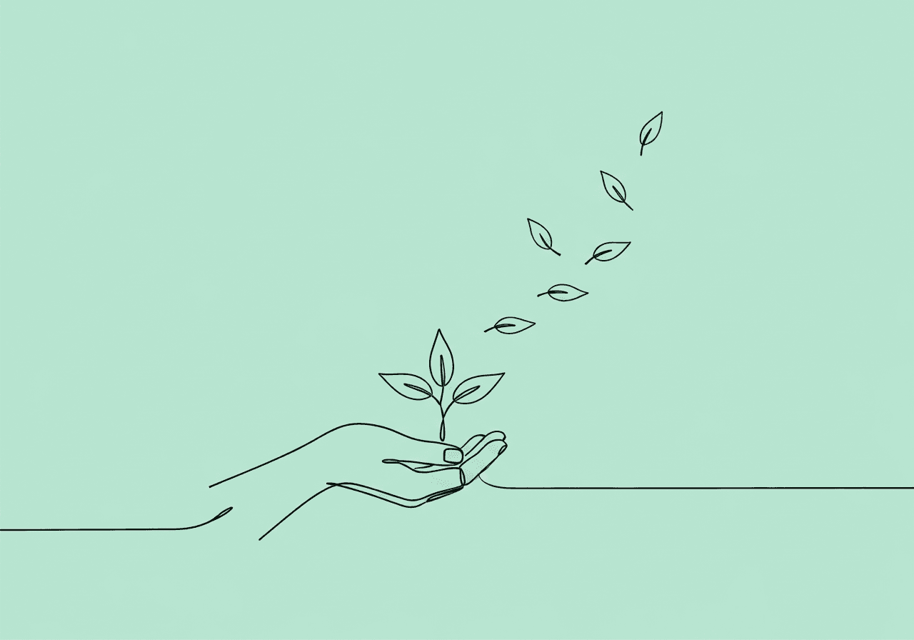 Master Stimulus Control Transfer Documentation in ABA Minimalist line art on pastel mint shows a hand transferring a budding plant with floating leaves, symbolizing stimulus control transfer documentation and the process of generalizing skills in ABA therapy.