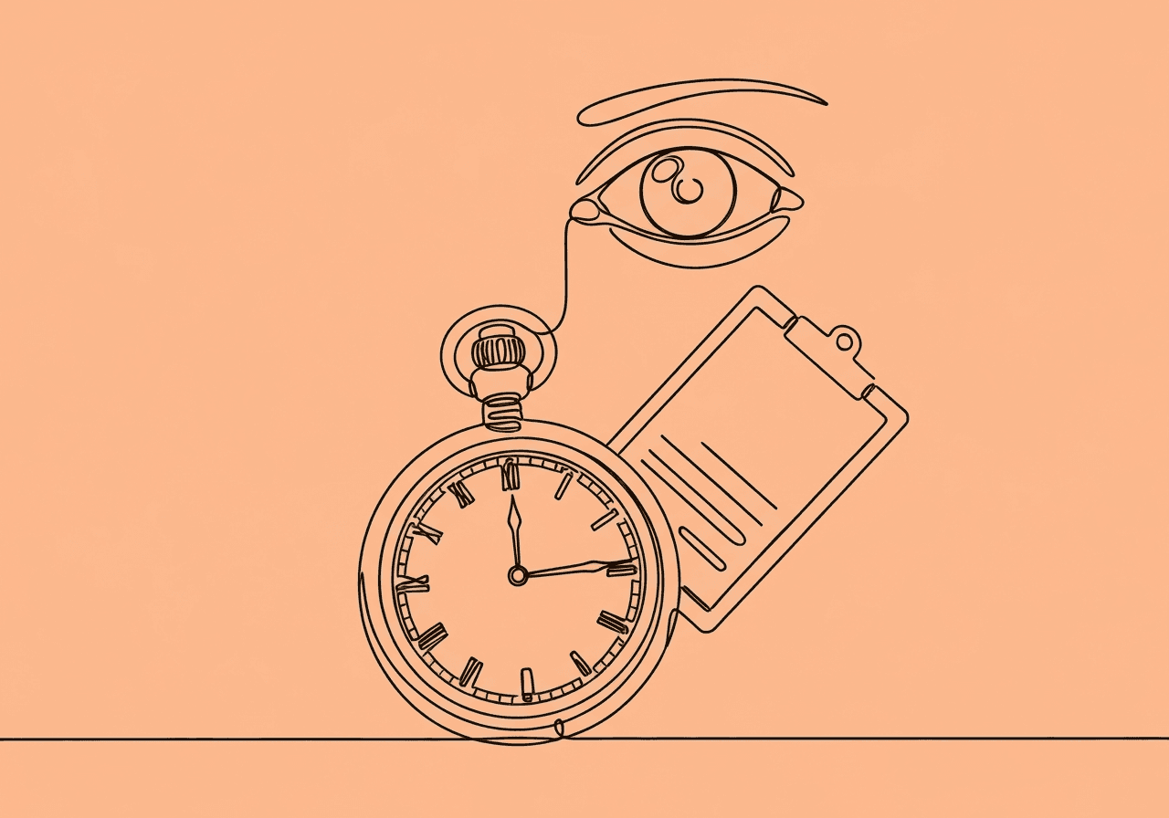Momentary Time Sampling RBT Documentation: Beginner's Guide Minimalist line art illustration on pastel peach background depicting a pocket watch, clipboard, and observant eye. This visual metaphor captures the precision, timing, and documentation central to Momentary Time Sampling RBT documentation.