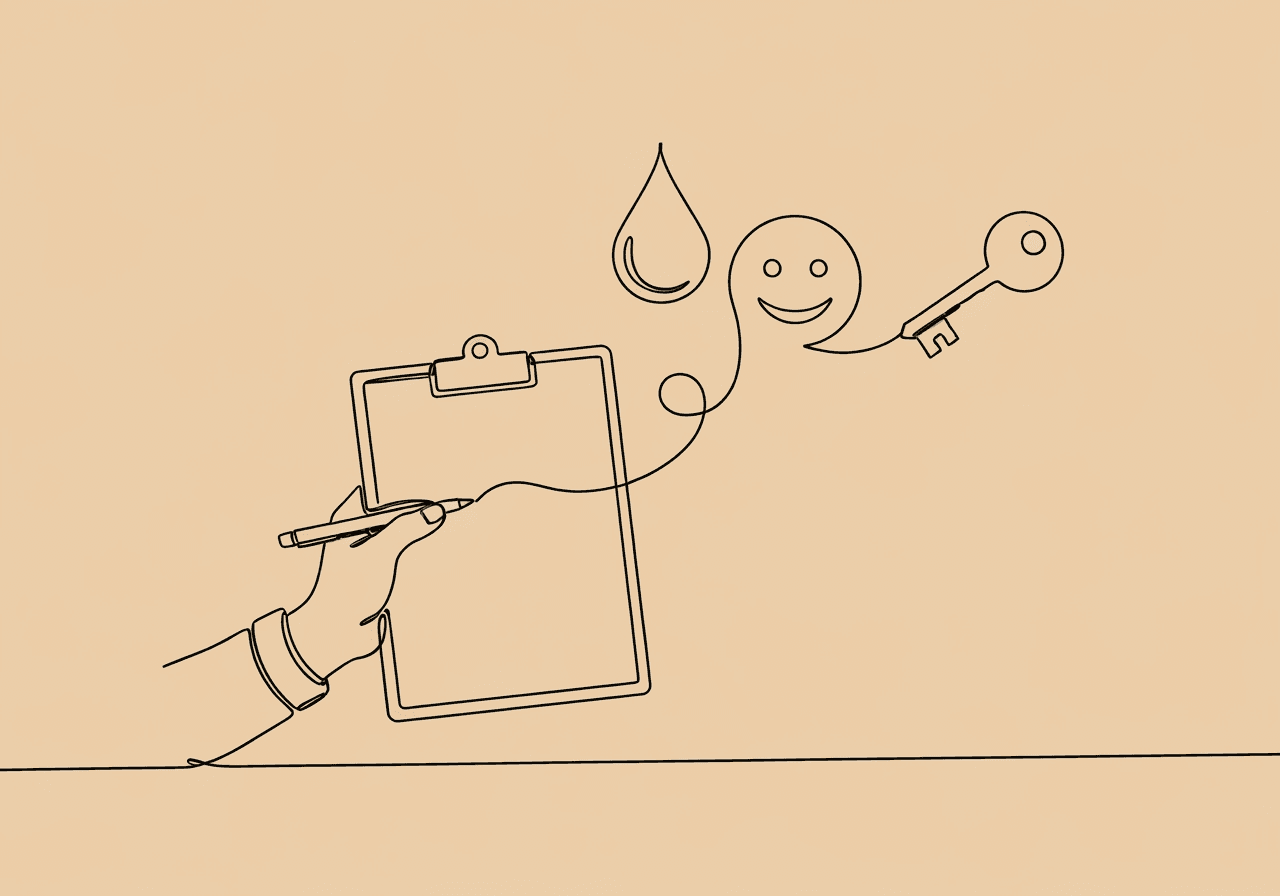 Motivating Operations Documentation ABA: How-To Minimalist line art illustration for Motivating Operations Documentation ABA, featuring a hand with a clipboard, a water droplet, a contented face, and a key, symbolizing objective documentation of motivation and opportunities in ABA therapy.