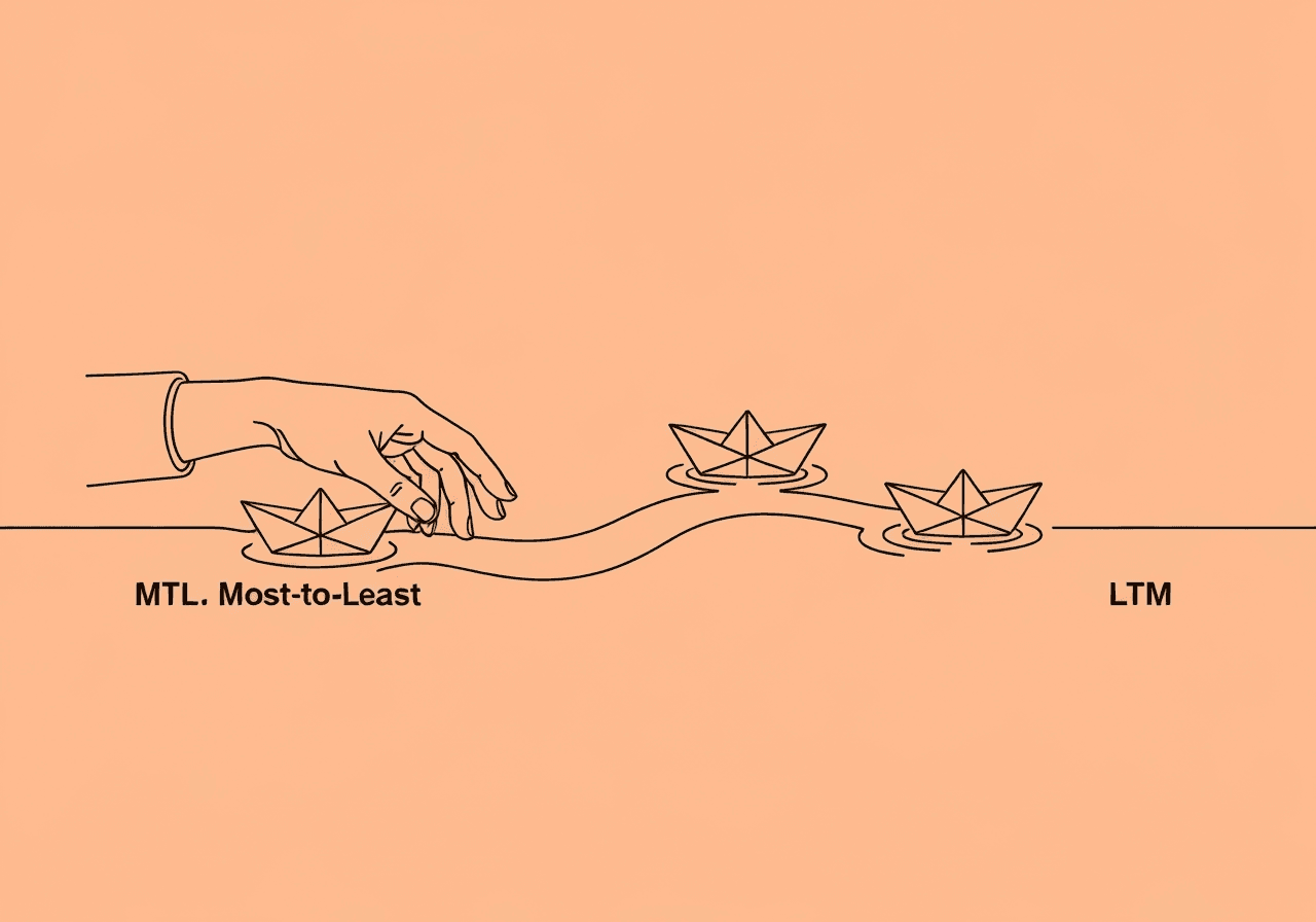 Comparing MTL vs LTM Documentation for BCBAs Minimalist line art showing a single hand guiding a paper boat down a splitting stream, representing MTL vs LTM documentation approaches in BCBA decision-making, with distinct paths to symbolize prompting strategies.