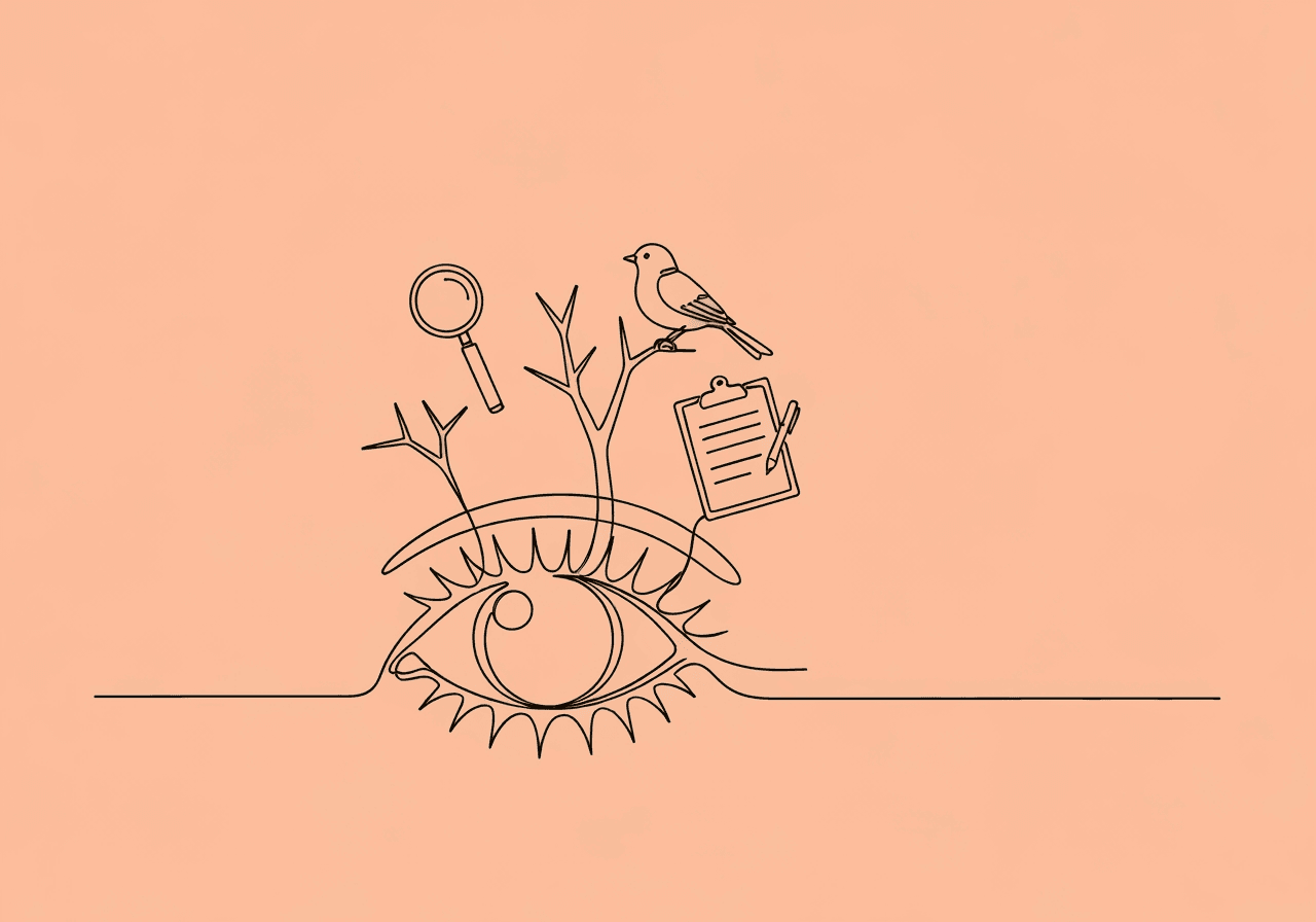 Observer Reactivity & Bias in ABA: BCBA Exam Guide Minimalist line art depicting an eye with branches sprouting magnifying glasses and clipboards, illustrating observer reactivity and bias in ABA data collection through subtle, everyday objects in a serene style.