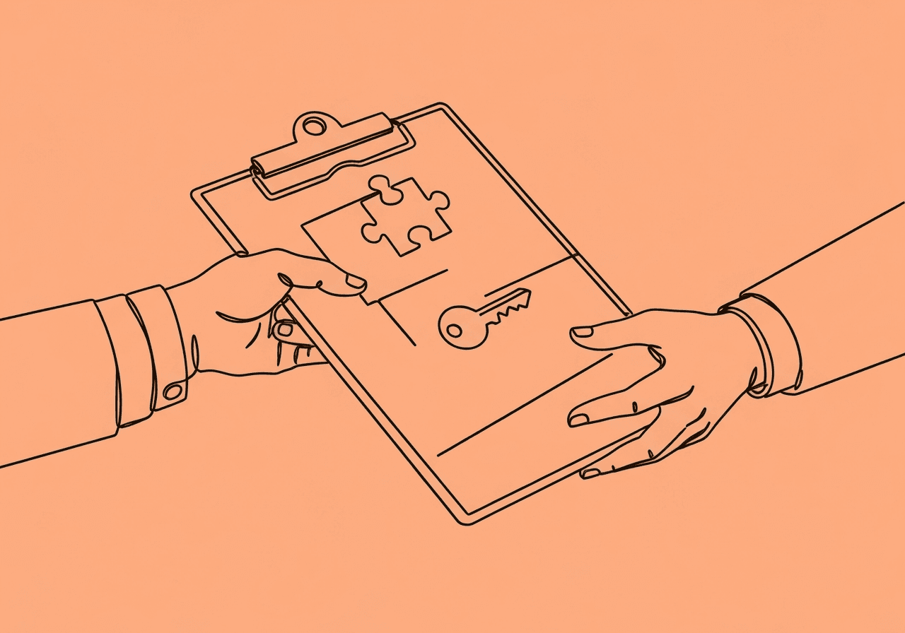 Optum ABA Billing 2026: Key Changes for BCBAs Minimalist line art illustration for Optum ABA billing 2026 shows a clipboard being passed between two hands with puzzle and key motifs, symbolizing compliance and clarity in NPI and taxonomy requirements.
