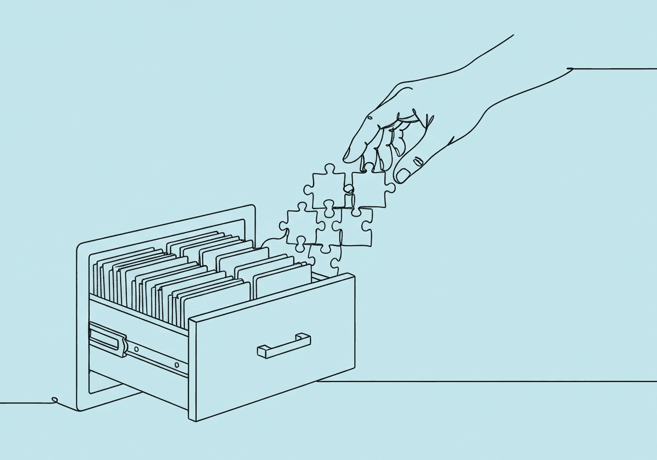 Payer Documentation Terminology for BCBAs Minimalist line art of a filing cabinet with folders transforming into puzzle pieces and a hand arranging them, illustrating the organized approach to payer documentation terminology for BCBAs.