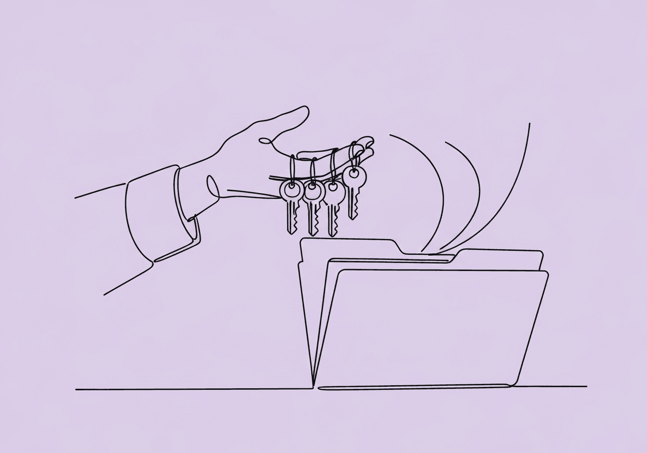 Payer-Specific Documentation Library: BCBA Guide Minimalist line art on a pastel lavender background shows a single hand offering a bunch of unique keys toward an open folder, visualizing a payer-specific documentation library and the guidance it provides for audit-proof ABA records.