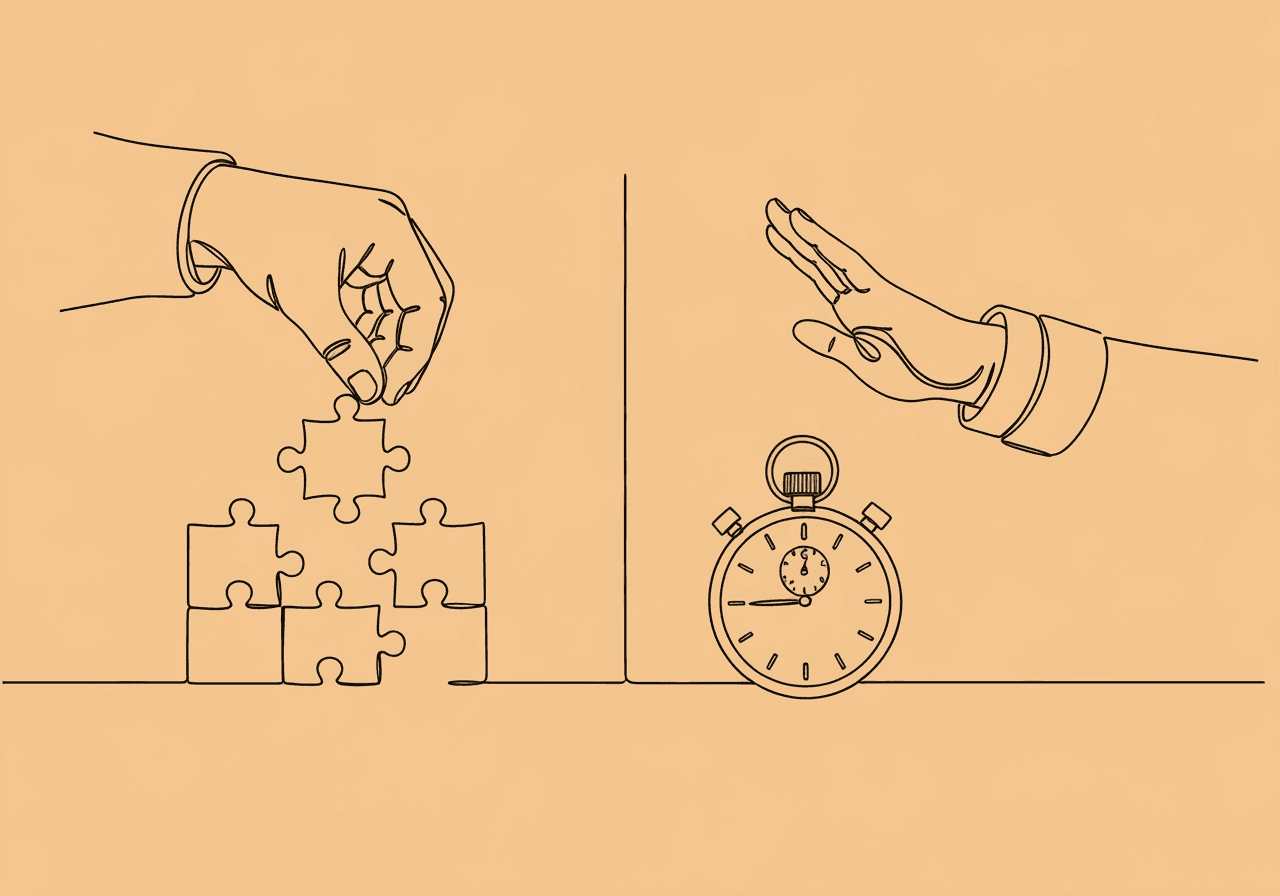 Permanent Product vs Event Recording: ABA Guide Minimalist line art illustration showing a hand placing a puzzle piece beside another hand pausing over a stopwatch, visualizing the difference between permanent product and event recording in ABA data documentation.