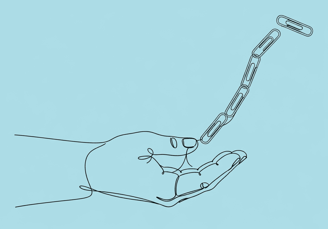 Prompt Fading Documentation Guide | RBT & BCBA Tips Minimalist line art on pastel blue background shows a hand gently lifting a thread that unlinks a chain of paperclips, symbolizing prompt fading documentation and gradual support reduction in behavioral therapy.