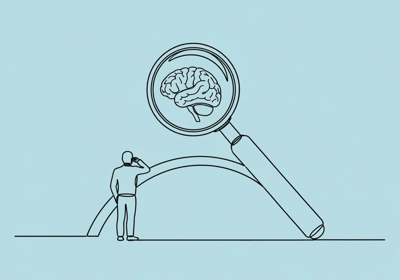 Radical Behaviorism Glossary for ABA: Key Terms Minimalist line art on pastel blue background illustrates the Radical Behaviorism glossary for ABA. It depicts a magnifying glass bridging a human observer and a brain, showing the link between observable behavior and private events.