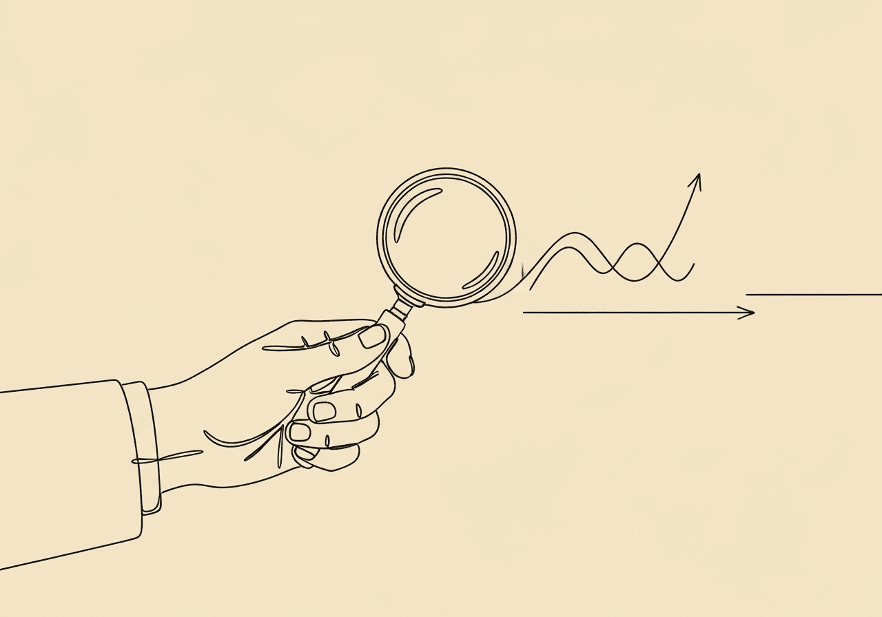 RBT ABA Graphing Tips: 10 Essential Hacks Minimalist line art of a hand holding a magnifying glass over a simple graph, representing RBT ABA graphing tips for precise and clear data reporting, as discussed in the blog post.