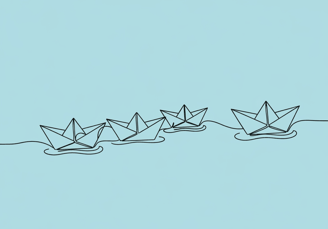 RBT C-14 Group Contingencies: Implementation Guide Minimalist line art showing three linked paper boats on calm waves, visually representing RBT C-14 group contingencies and how collaboration leads to shared progress and exam success.