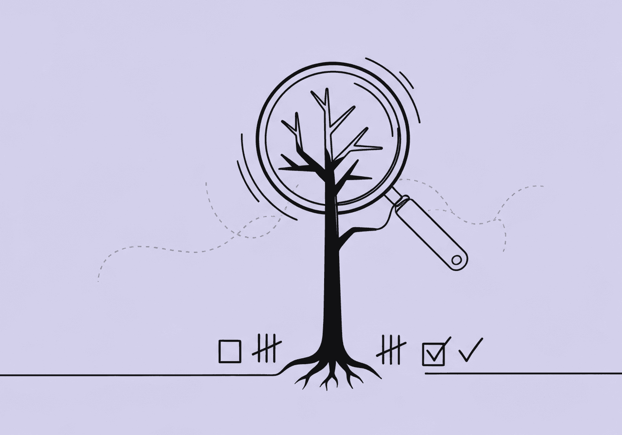 RBT Data Verification Checklist: Ensure ABA Accuracy Minimalist line art illustration for an RBT data verification checklist blog post, featuring a magnifying glass inspecting a branching tree with roots of tally marks and checkboxes, symbolizing accuracy and data review in ABA sessions.