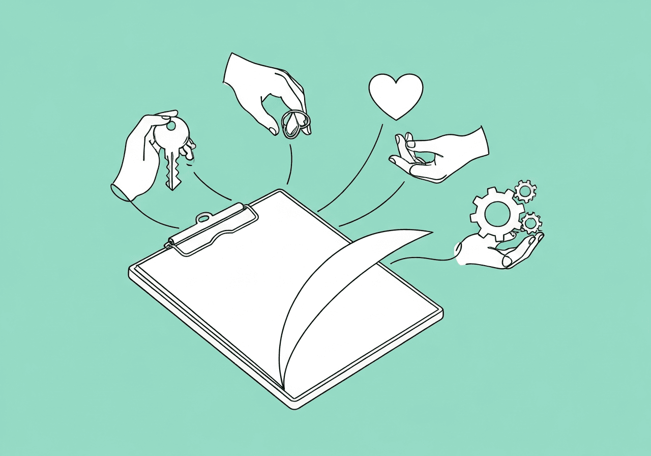 Documenting Functions of Behavior: RBT Beginner's Guide Minimalist line art on a pastel mint background showing a clipboard with four branching hands, each holding a key, heart, door handle, or gear, representing documenting functions of behavior in behavioral therapy.