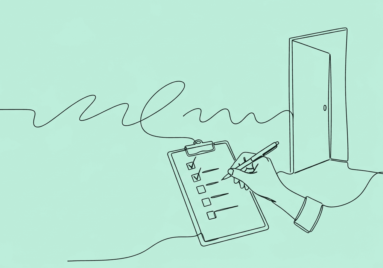 RBT End-of-Day Checklist: Ensure Compliance Minimalist line drawing of a hand completing an RBT end-of-day checklist on a clipboard, with lines symbolizing organized daily tasks and smooth transition, visually representing the RBT end-of-day checklist process for ABA documentation.