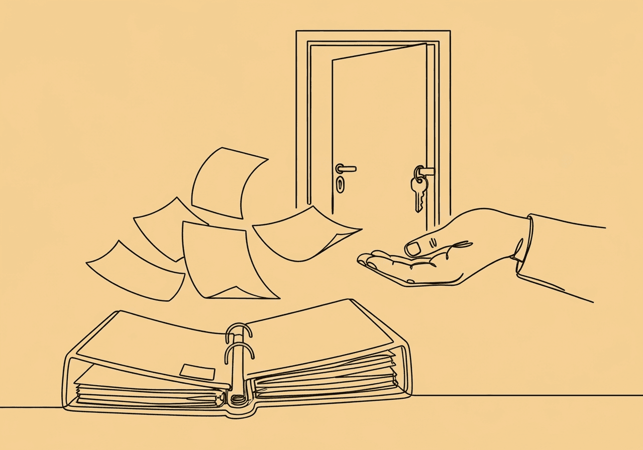 RBT Job Abandonment: BCBA Documentation Guide Minimalist line art shows an open binder with client documents and a hand carefully collecting papers, symbolizing RBT job abandonment BCBA documentation and the urgent transfer of responsibility after unexpected staff departure.