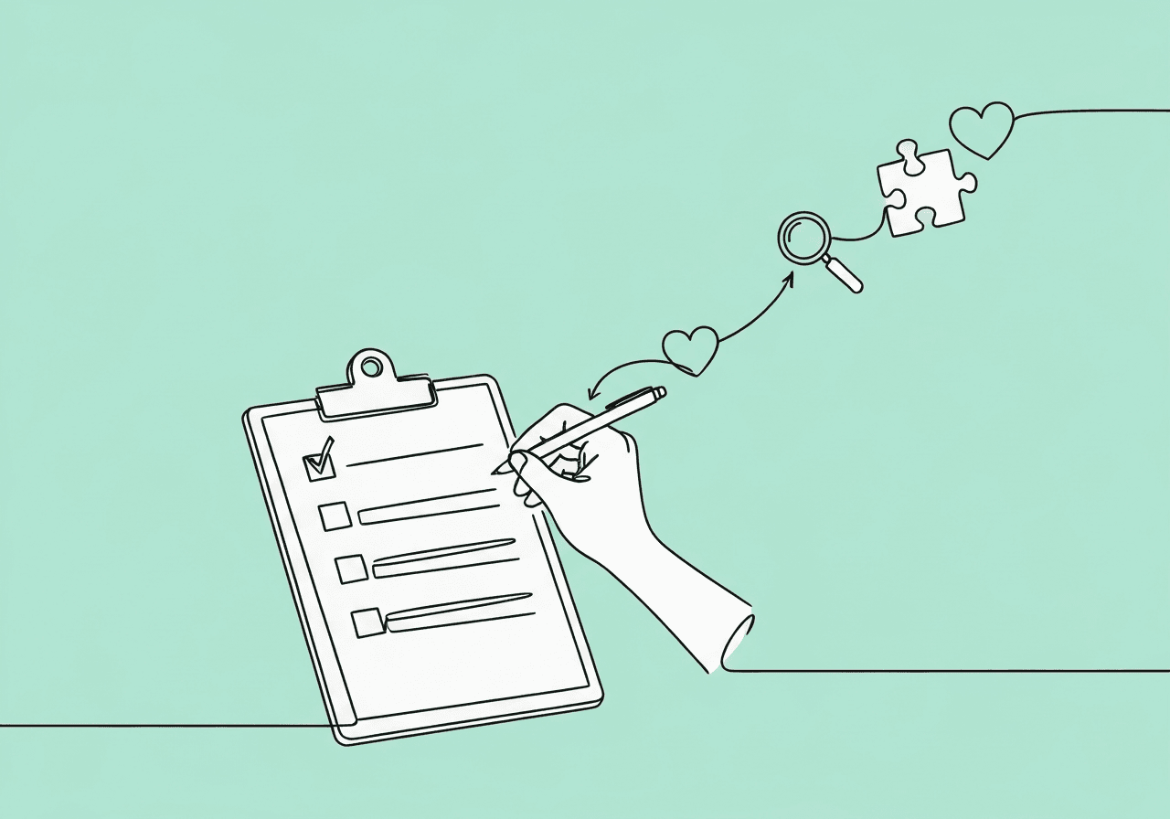 RBT Mid-Session Checklist: Boost Fidelity Now Minimalist line art of a checklist on a clipboard, a hand checking items, and symbols like a puzzle piece, magnifying glass, and heart, visually representing the RBT mid-session checklist process and its focus on ABA session fidelity.