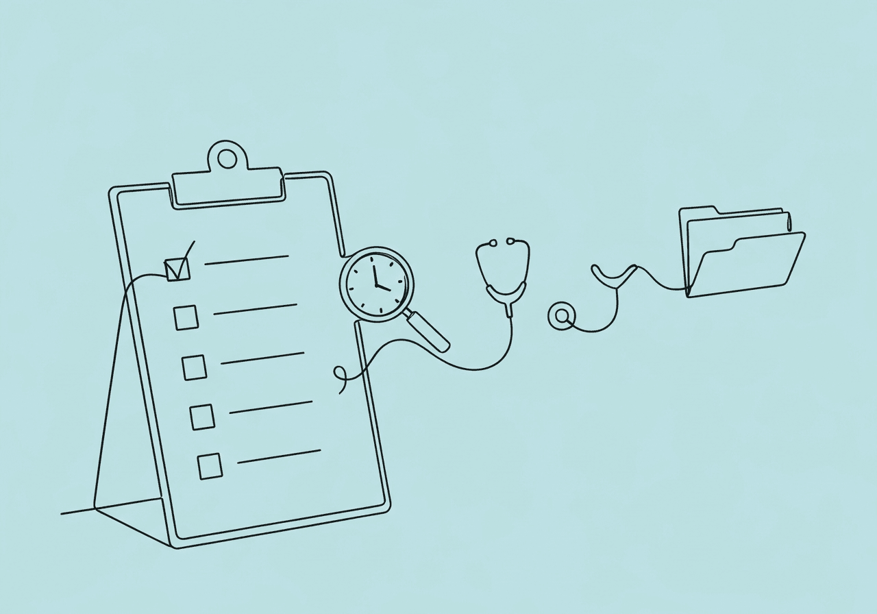 RBT Post-Session Checklist: 10 Essential Steps Minimalist line art showing a clipboard checklist with checkmarks turning into everyday objects like a clock and magnifying glass, symbolizing each step in an RBT post-session checklist.