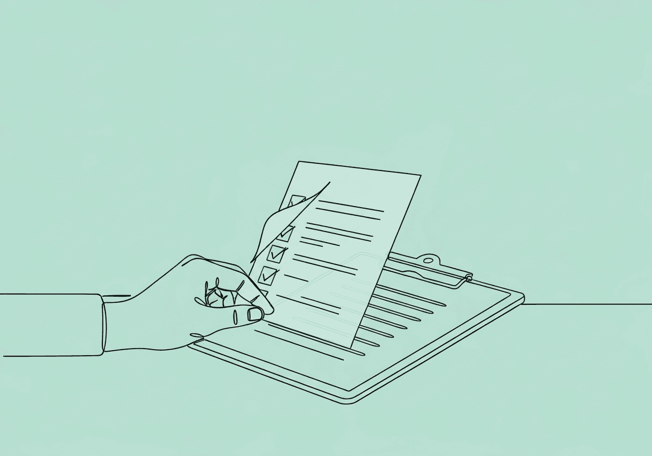 Master RBT Session Note Corrections Best Practices A single line drawing depicts a hand lifting a transparent sheet off a clipboard filled with checkmarks, illustrating RBT session note corrections and the careful process of data accuracy and compliance.